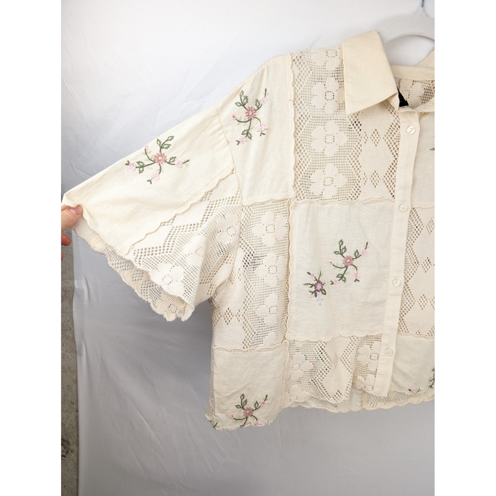 Zara Patchwork Crochet Floral Embroidered Button Shirt Sz XS Cottagecore Granola - Picture 3 of 9